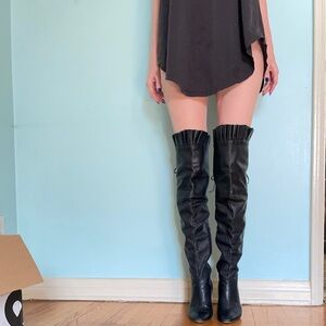 Black leather thigh high over knee ruffle tall boots otk boho club heels